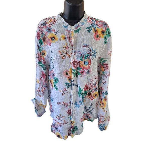 F.K. Tops - F.K. Italy Linen Floral Button-Up Blouse Mandarin Collar Floral Women XL Summer